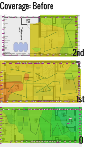 Heat map 1 shows poor coverage in two out of three floors and adequate coverage on the ground floor.